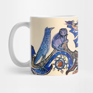 WEIRD MEDEVAL BESTIARY, CAT AND CUCKOO BIRD IN BLUE Mug